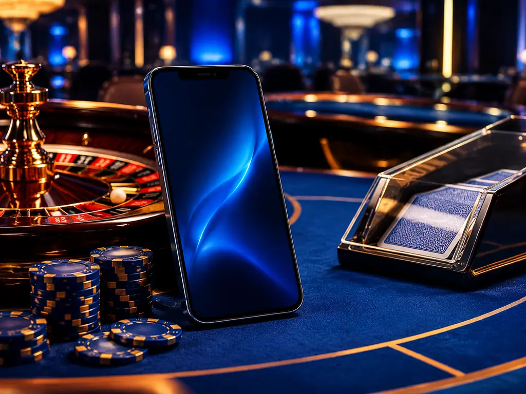 Ponsel berdiri di meja kasino di samping keping roulette dan sepatu kartu