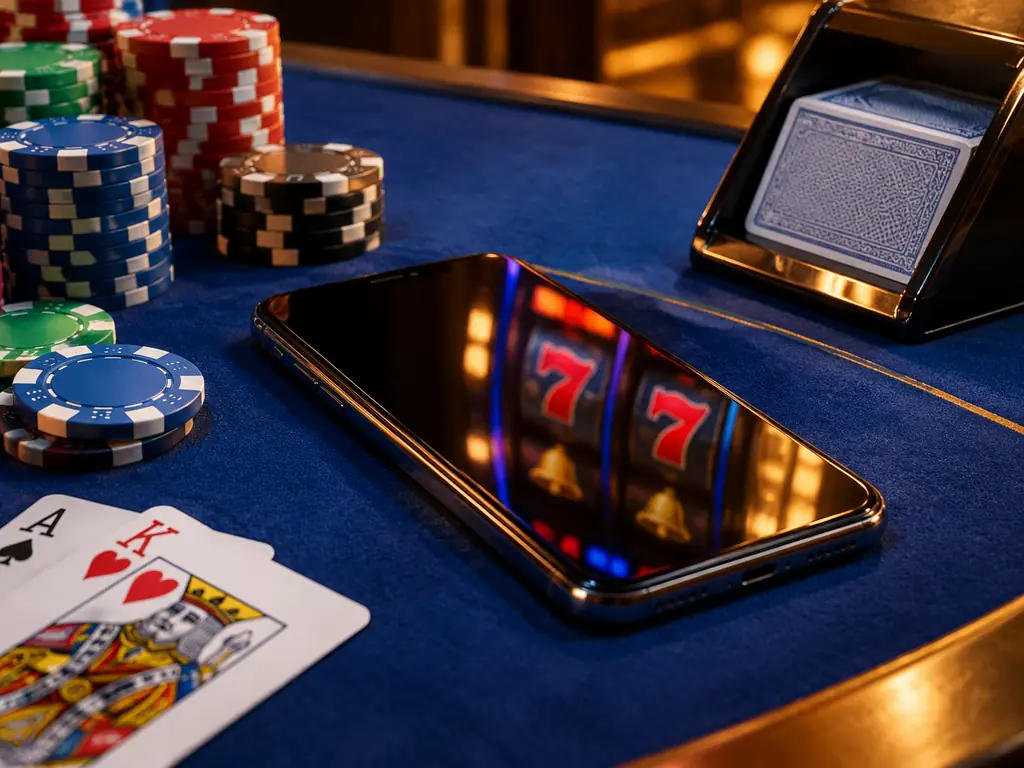 Ponsel di atas kain meja kasino dengan pantulan gulungan slot abstrak