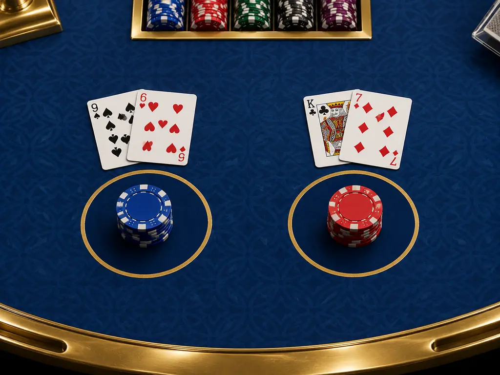 Tampak atas meja baccarat dengan kartu terbuka dan keping pada lingkaran player dan banker