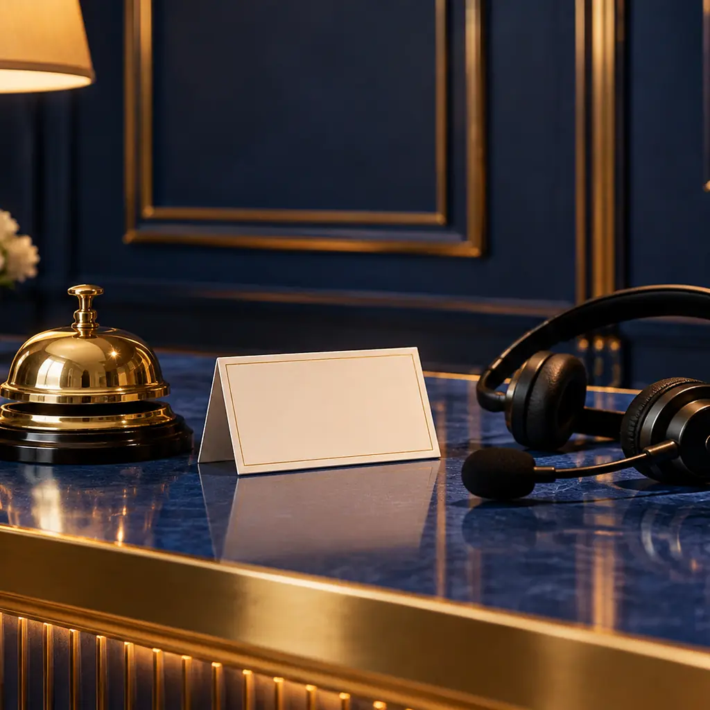 Meja concierge kasino dengan lonceng kuningan, kartu informasi, dan headset
