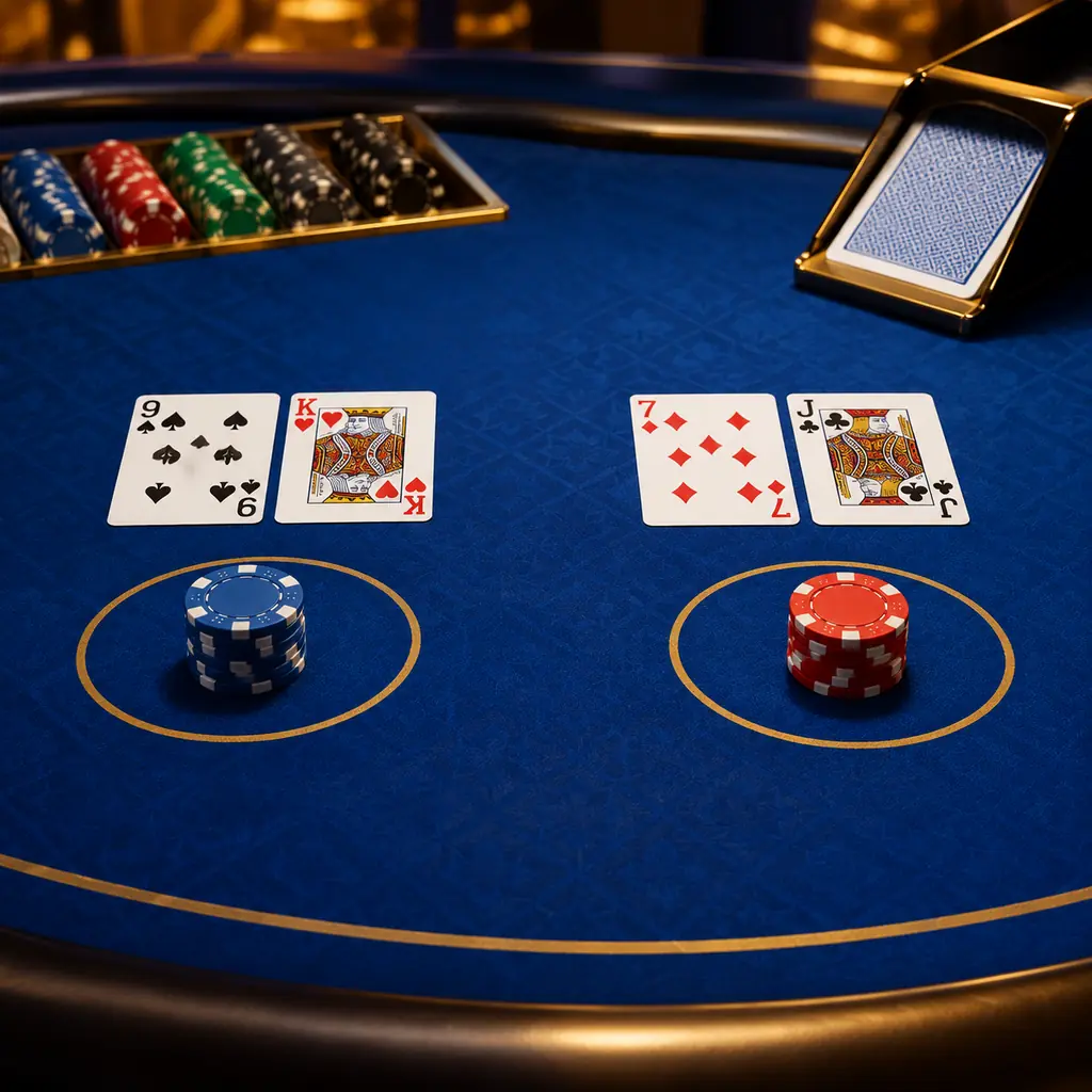 Meja baccarat dengan kartu terbuka, sepatu kartu, dan keping di kain biru kobalt