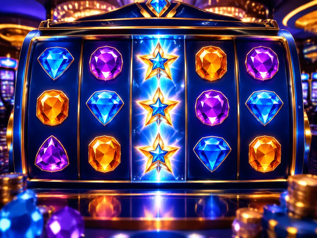 Ilustrasi gulungan slot permata dengan simbol liar bintang yang memenuhi satu gulungan