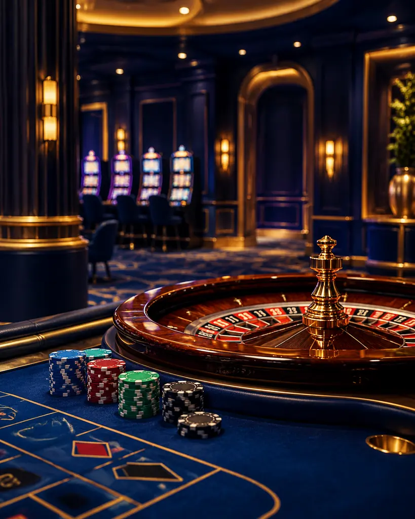 Meja roulette dan keping di galeri kasino bernuansa biru kobalt