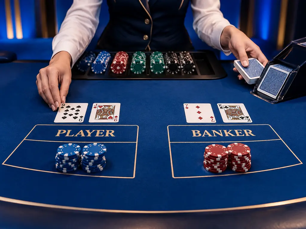 Tangan bandar membagi kartu di meja baccarat studio kasino biru kobalt