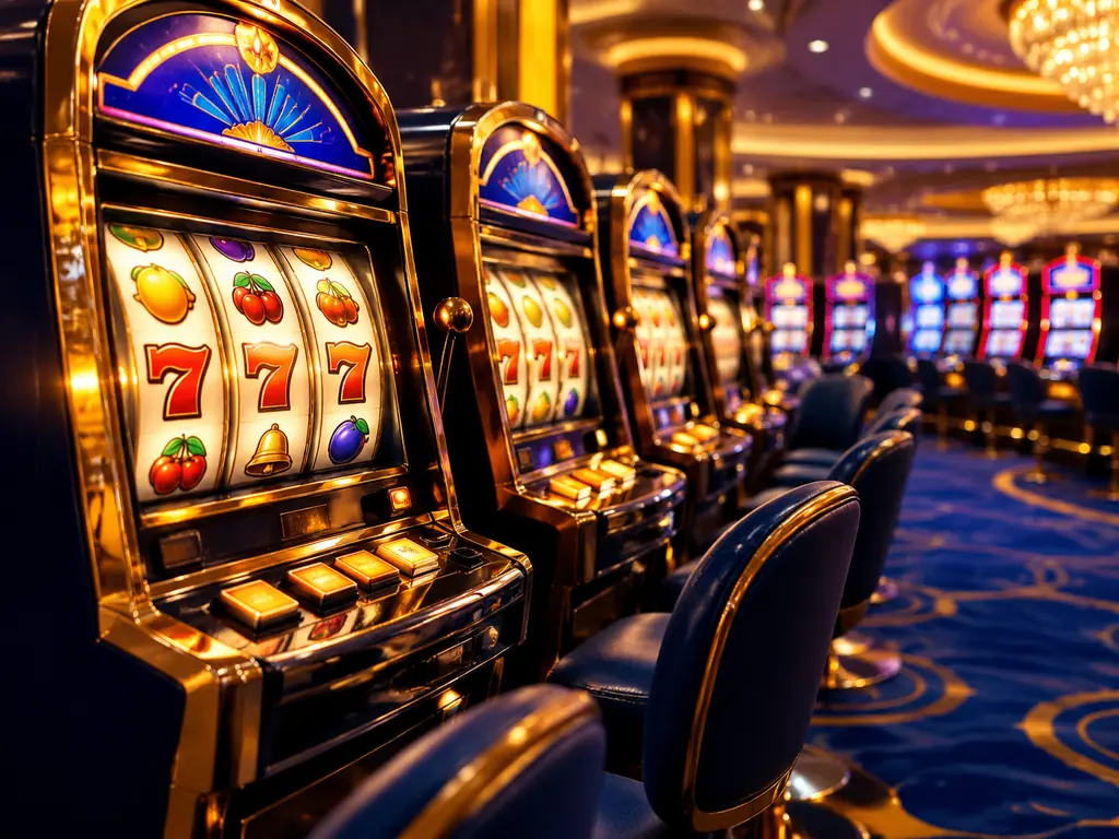 Deretan mesin slot dengan gulungan bercahaya di lantai kasino biru kobalt