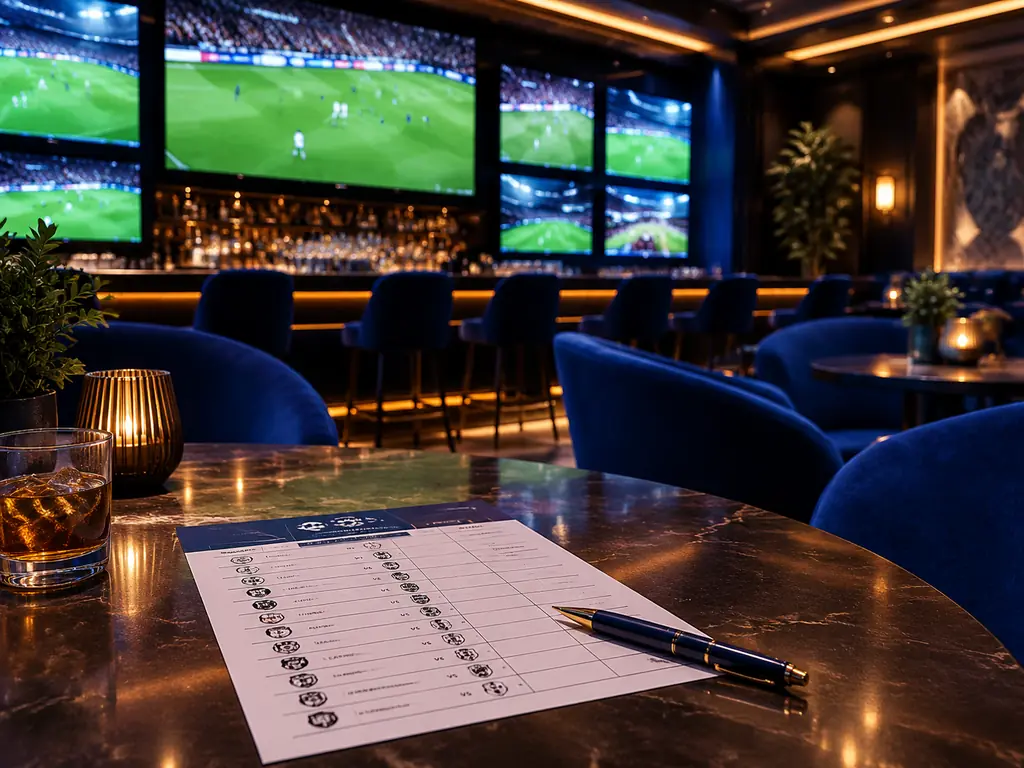Lounge olahraga kasino dengan layar pertandingan sepak bola dan meja taruhan