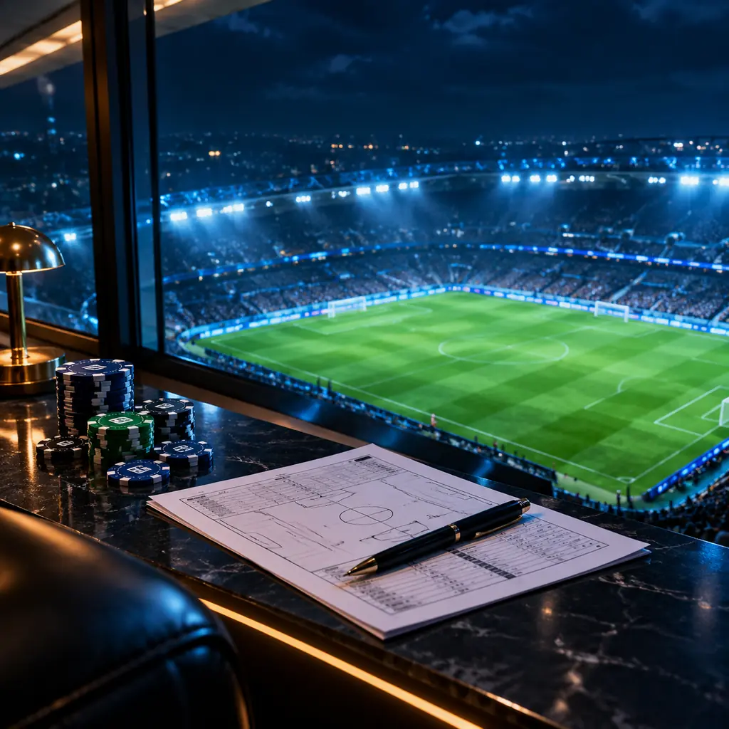 Lapangan sepak bola di bawah lampu dari lounge kasino dengan lembar jadwal di meja
