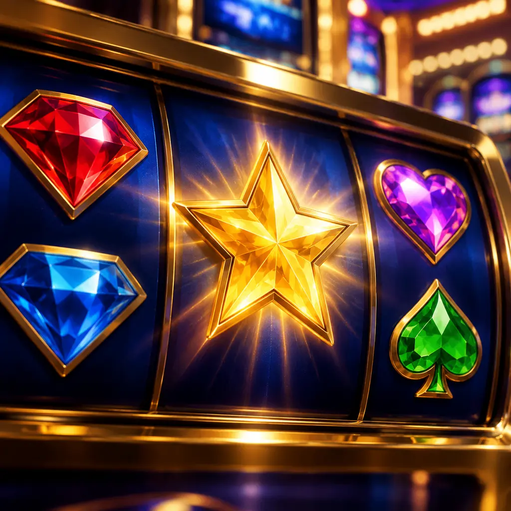 Simbol permata dan liar bintang pada bingkai gulungan slot biru tua