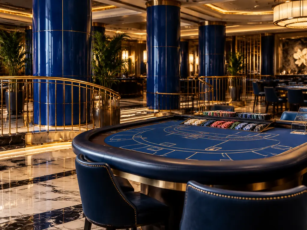 Detail arsitektur interior kasino dengan pilar biru kobalt dan meja baccarat